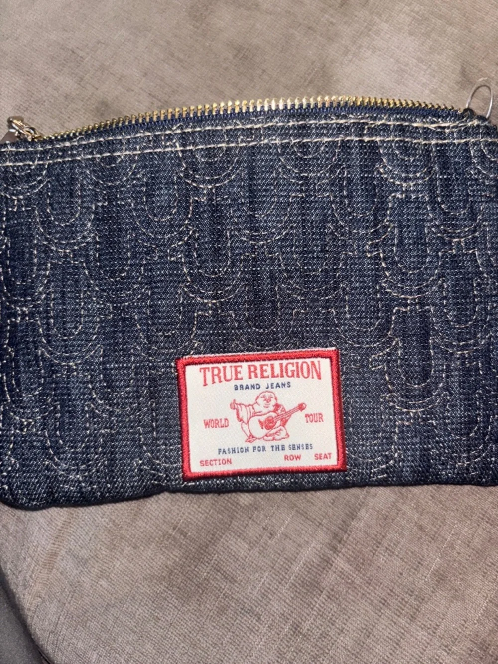 True Religion Navy Denim and Tan Leather Wristlet